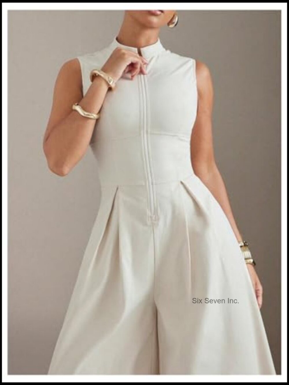 Zipper Front Wide Leg Jumpsuit Mock Neck Sleeveless Elegant Romper - Picture 3 of 5
